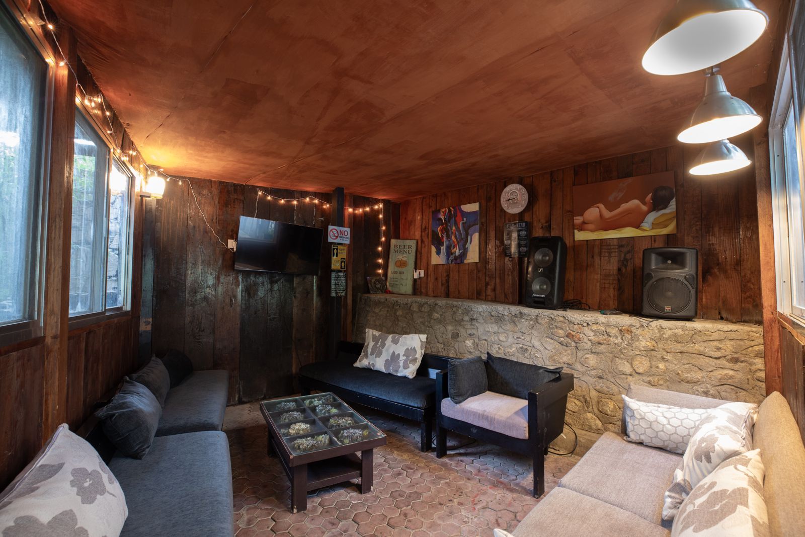 A cozy room with a stone wall, wooden ceiling, and a television. There are sofas, a coffee table, and string lights.