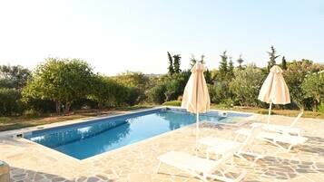 A swimming pool with lounge chairs and umbrellas, surrounded by greenery.