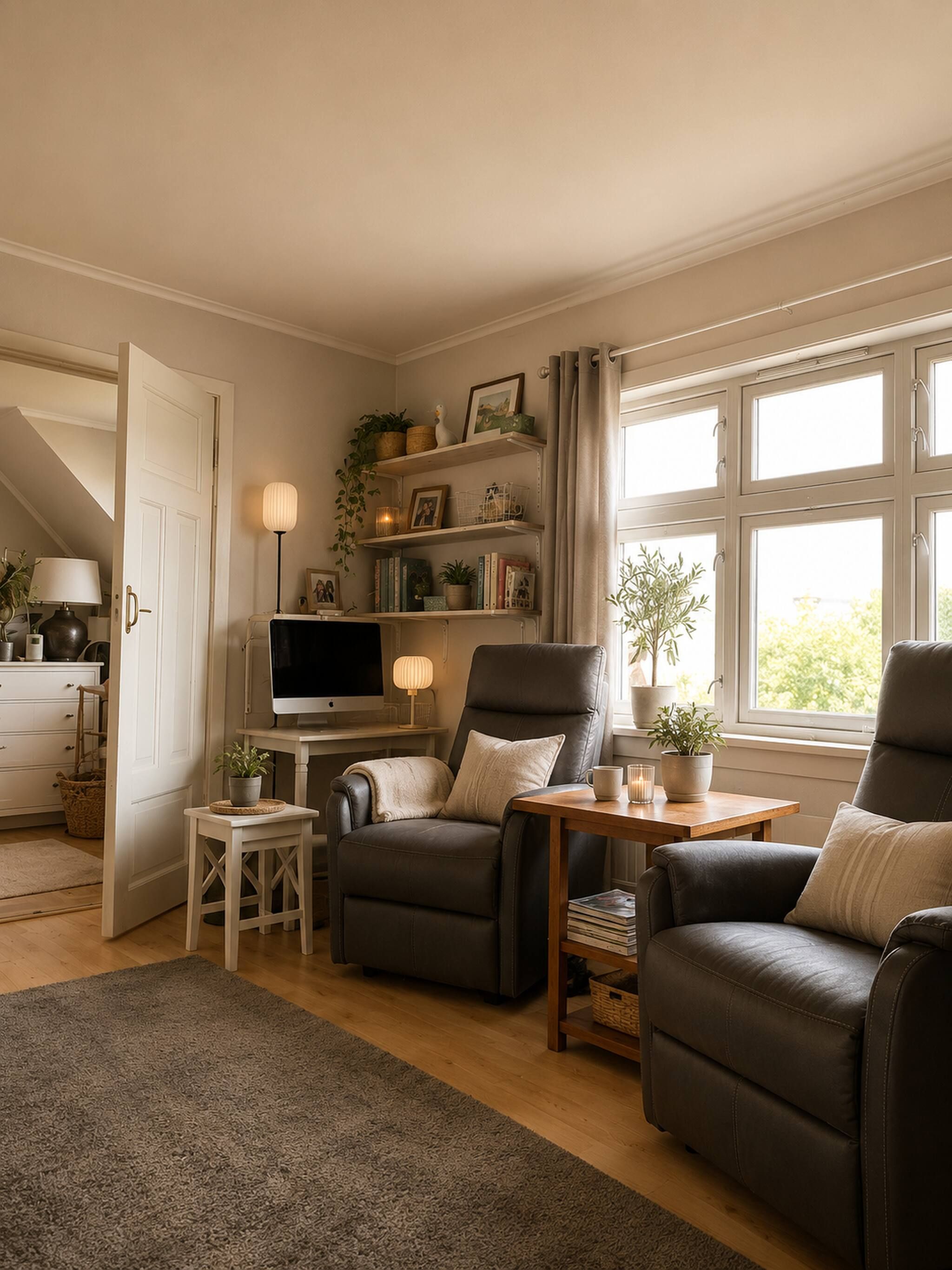 Una sala de estar con sofá, sillones, televisión y estantería.