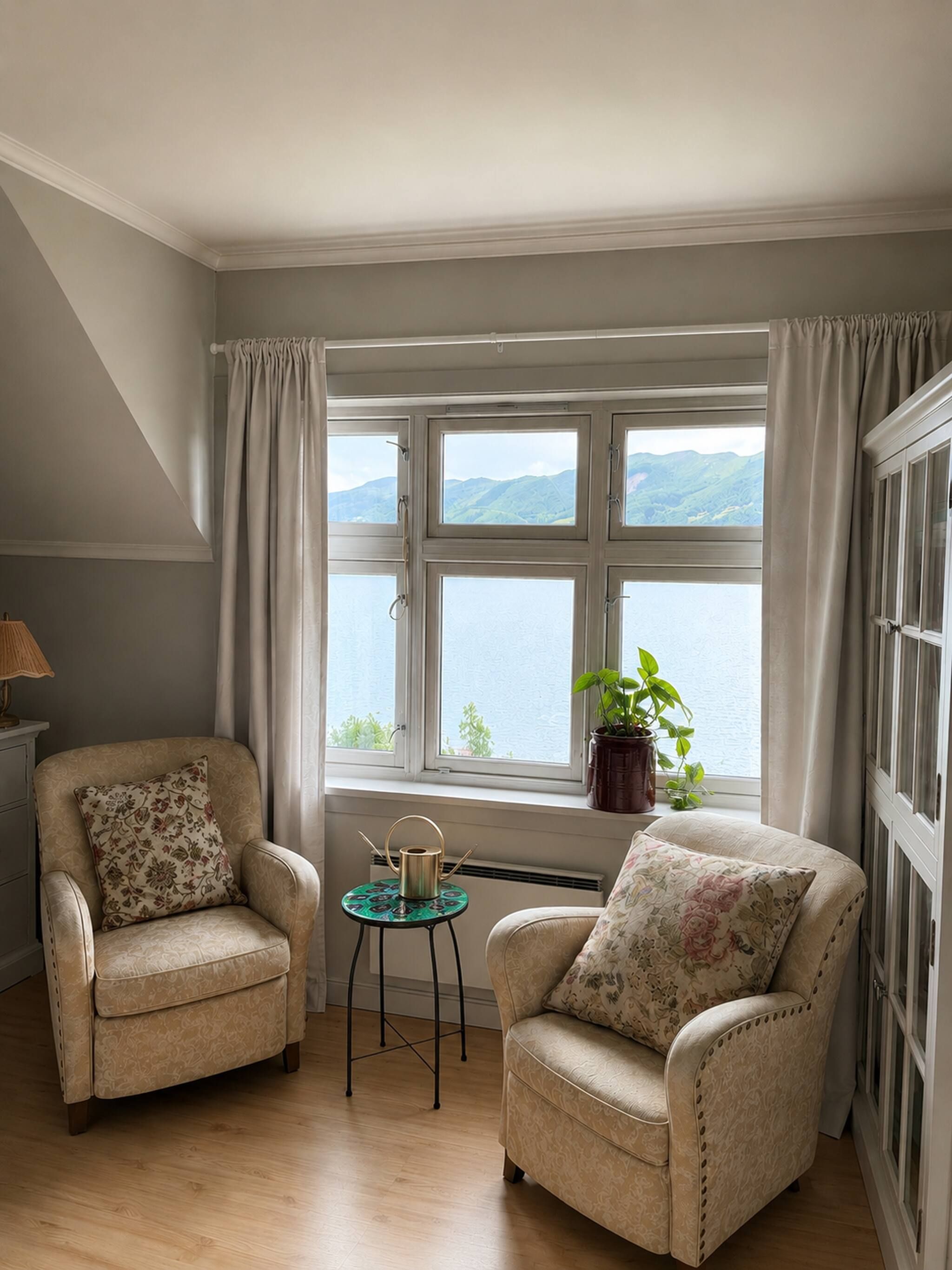Une pièce avec deux fauteuils, une petite table sur laquelle se trouve une bouilloire, et une plante en pot près d’une fenêtre donnant sur un paysage de montagnes.