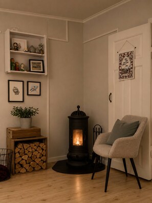 A cozy room with a wood-burning stove, a chair, a shelf with decorative items, and a door with a framed picture.