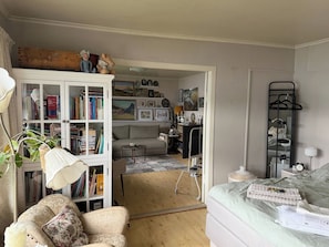 Un salon confortable avec un canapé, un meuble blanc rempli de livres, une télévision et un lit avec une couverture.
