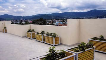Una terraza en la azotea con múltiples macetas y vistas a un paisaje urbano y montañas.