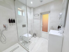 A modern bathroom with a glass shower enclosure, a white sink, and a mirror.