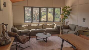 A modern living room with a sofa, a coffee table, and a wooden dining table.