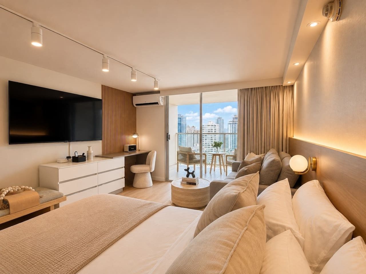 Una habitación de hotel moderna con una cama grande, un televisor de pantalla plana, un escritorio y un balcón con vista a la ciudad.
