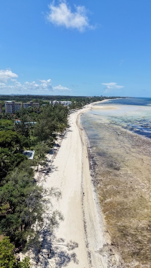 A beach with a clear sky, a sandy shoreline, and a line of buildings in the background. - Luxury studio with amazing rooftop pool near the beach (Mombasa)