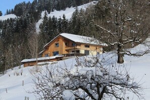 Eine Holzdiele mit geneigtem Dach, umgeben von schneebedeckten Bäumen und einer Bergkulisse.