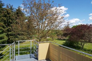 Una escala metàl·lica que condueix a una plataforma de fusta amb barana metàl·lica, envoltada d'arbres i un cel serè.