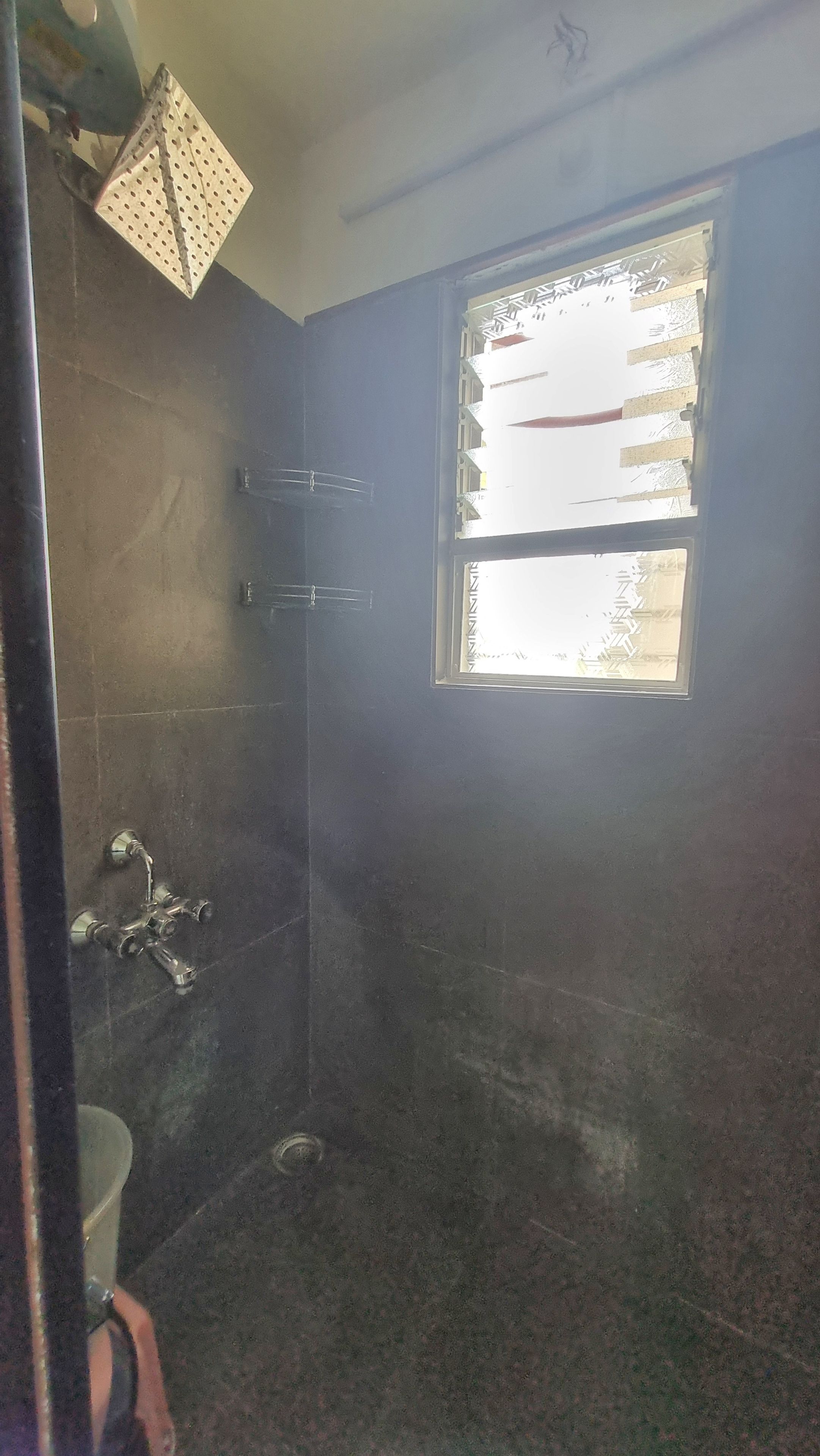 A bathroom with a shower, a window, and a toilet.