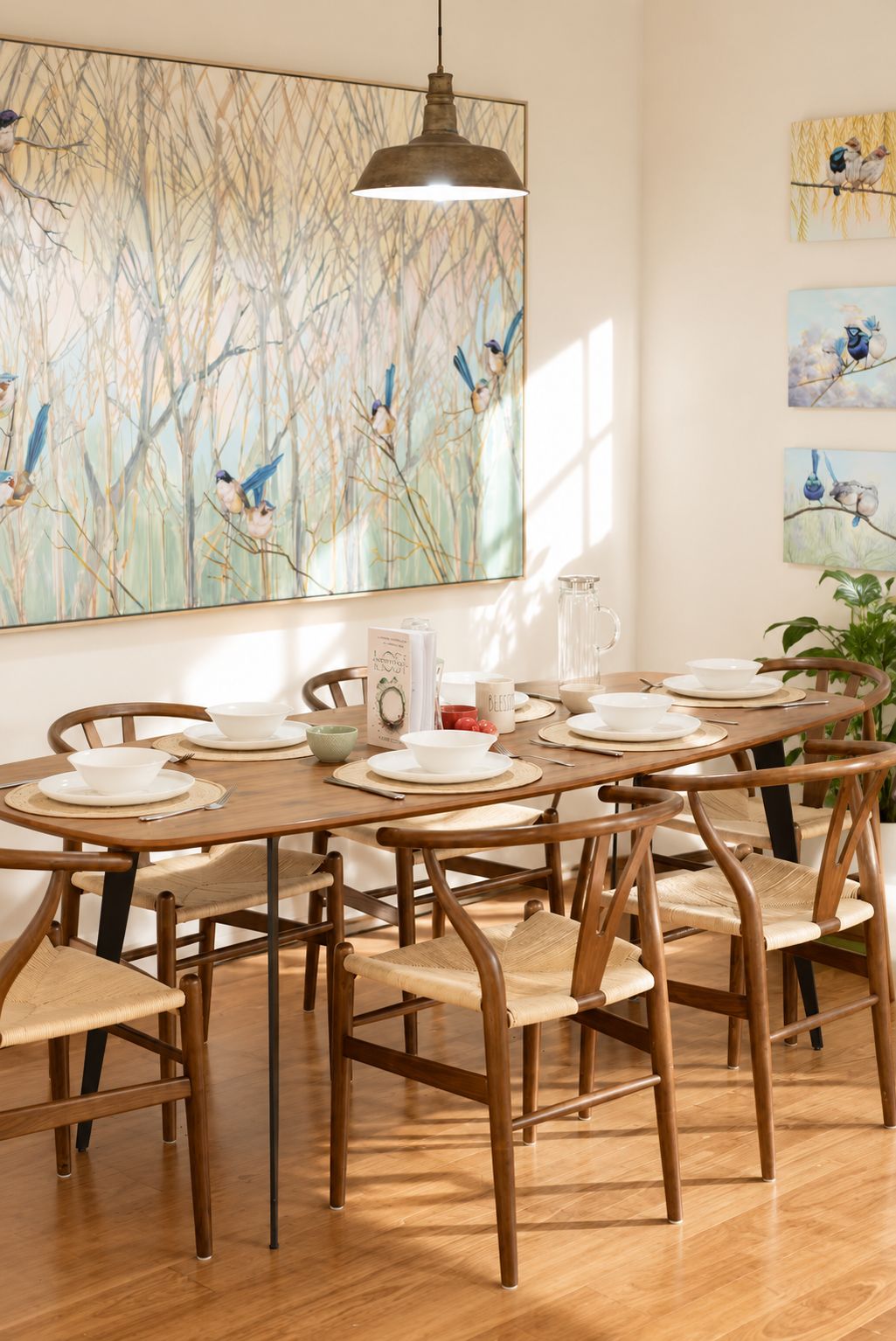 A dining area with a wooden table set for six, surrounded by wooden chairs with woven seats.