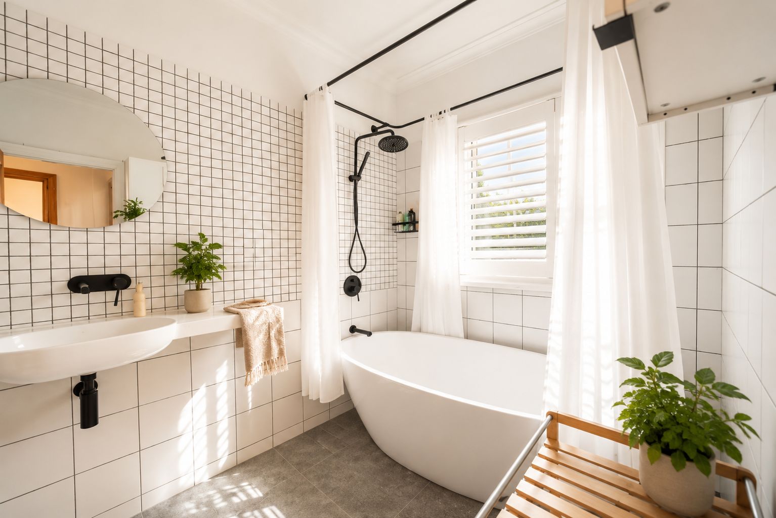 A modern bathroom with a freestanding bathtub, a large mirror, and a window with blinds.
