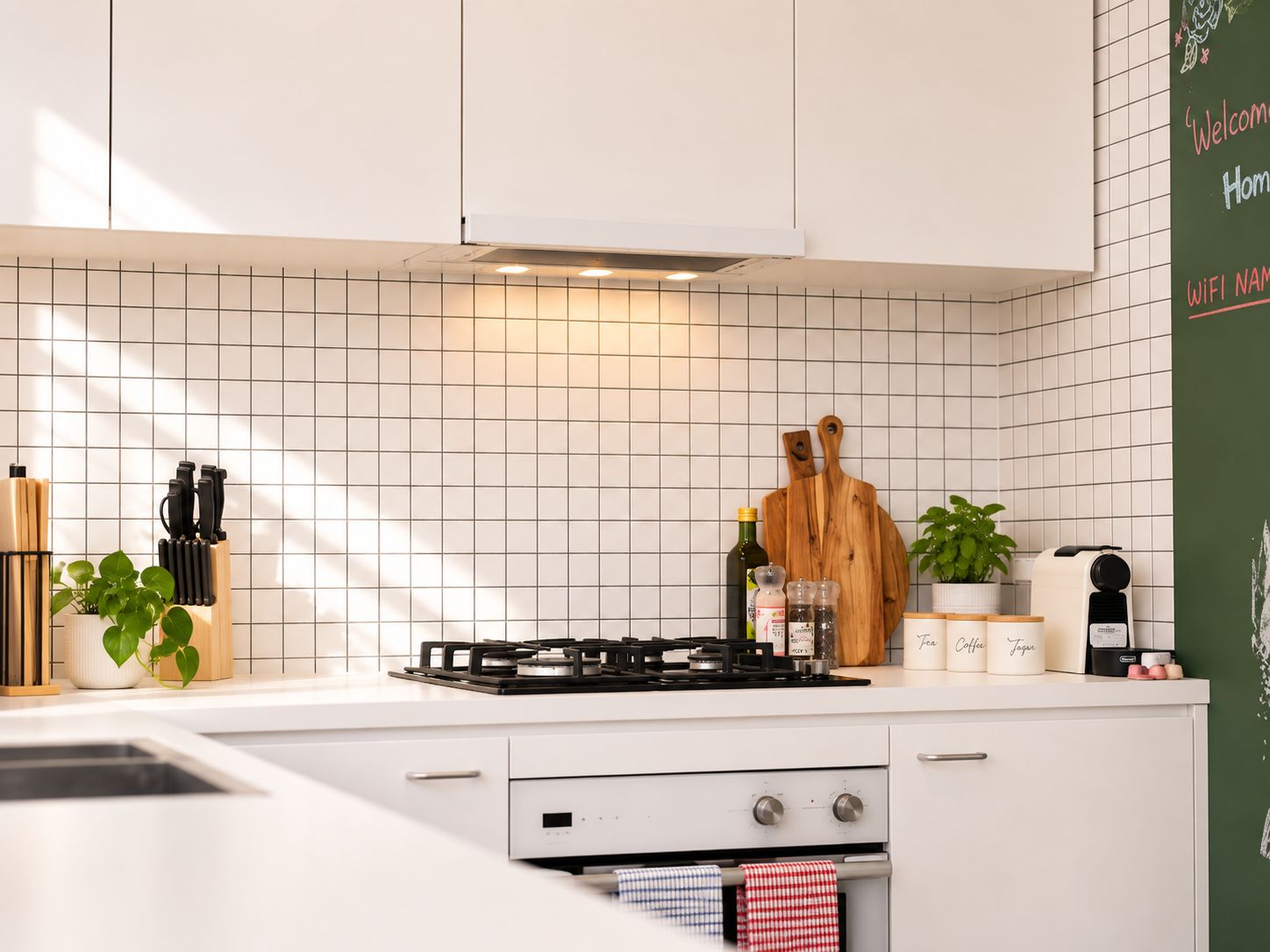 A modern kitchen with white cabinetry, a gas stove, and a tiled backsplash.