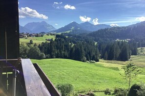A view from a window overlooking a green landscape with mountains in the distance. - "Mountain Chalet" in the Schneider House (Riezlern)
