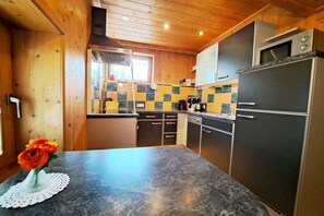 A kitchen with wooden walls, a granite countertop, and a refrigerator. - Edelweiss Apartment, Family Wechselberger (Schwendau)