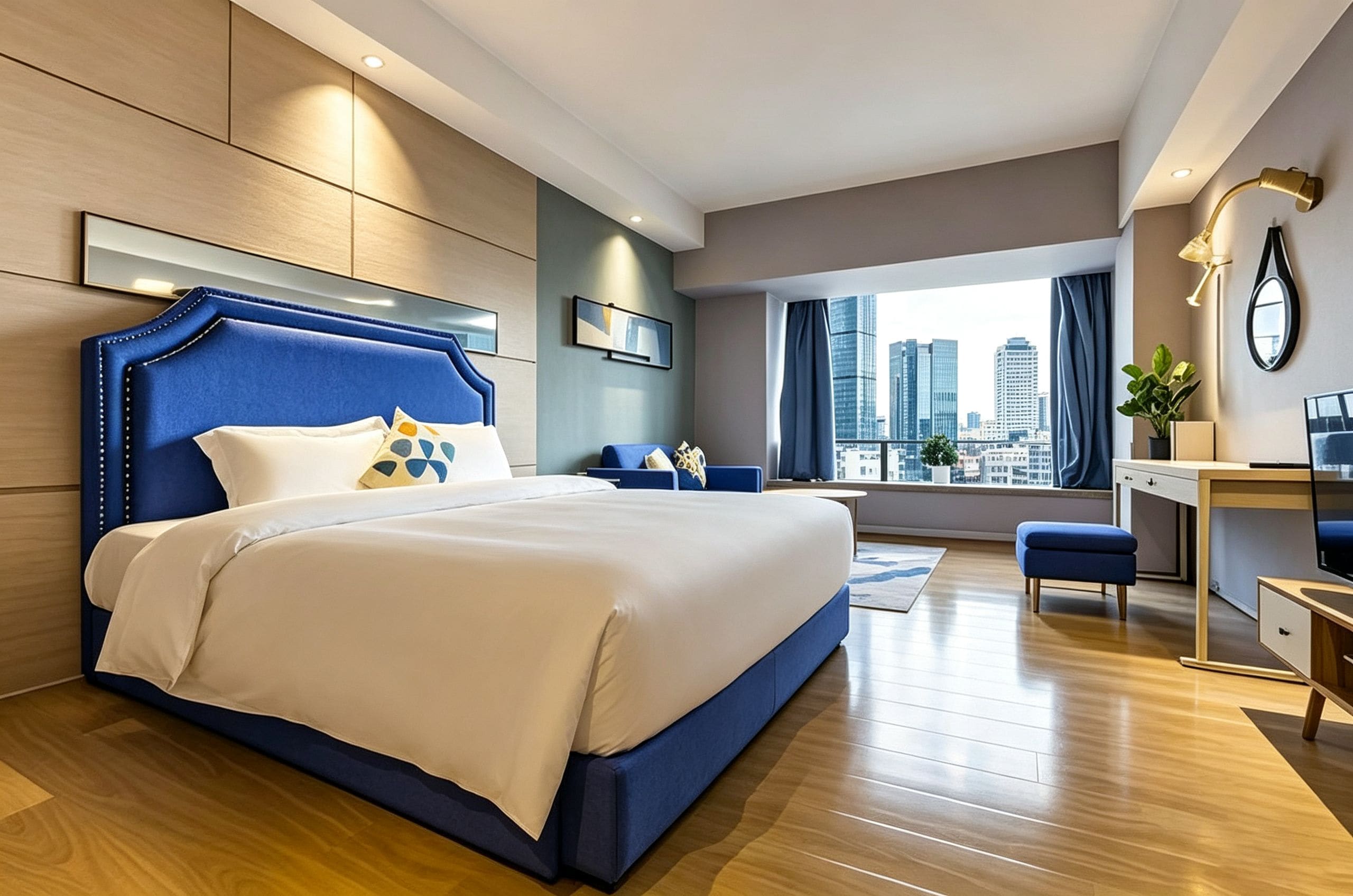 Une chambre d’hôtel moderne avec un grand lit, un bureau et une vue sur le paysage urbain.