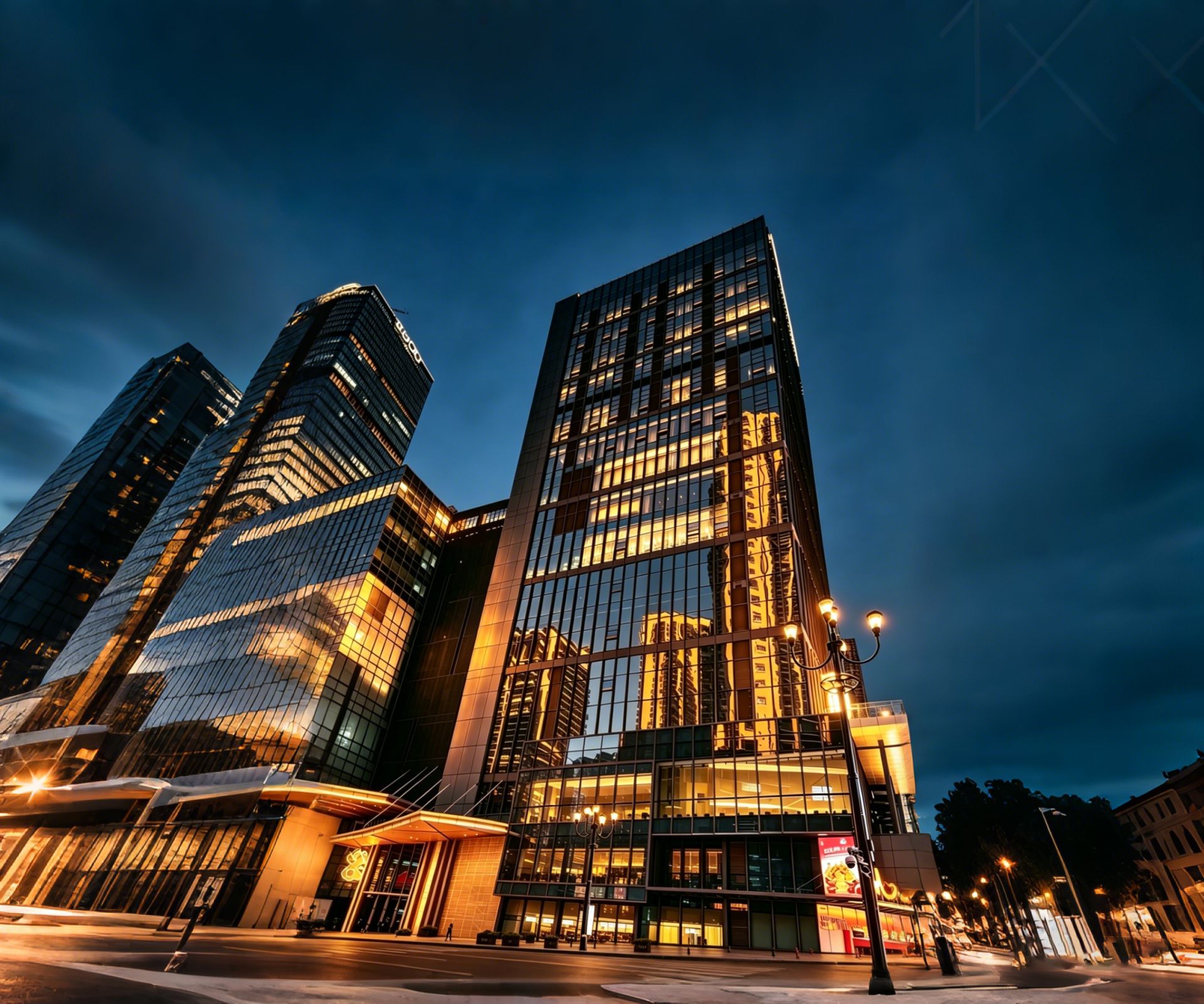 Un immeuble moderne de grande hauteur, doté de façades en verre réfléchissant et d’une entrée imposante surmontée d’un auvent.