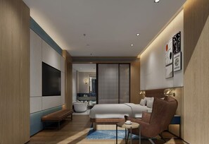 A modern hotel room with a bed, seating area, and a TV. - Four Points by Sheraton Shenzhen Futian (shenzhen)