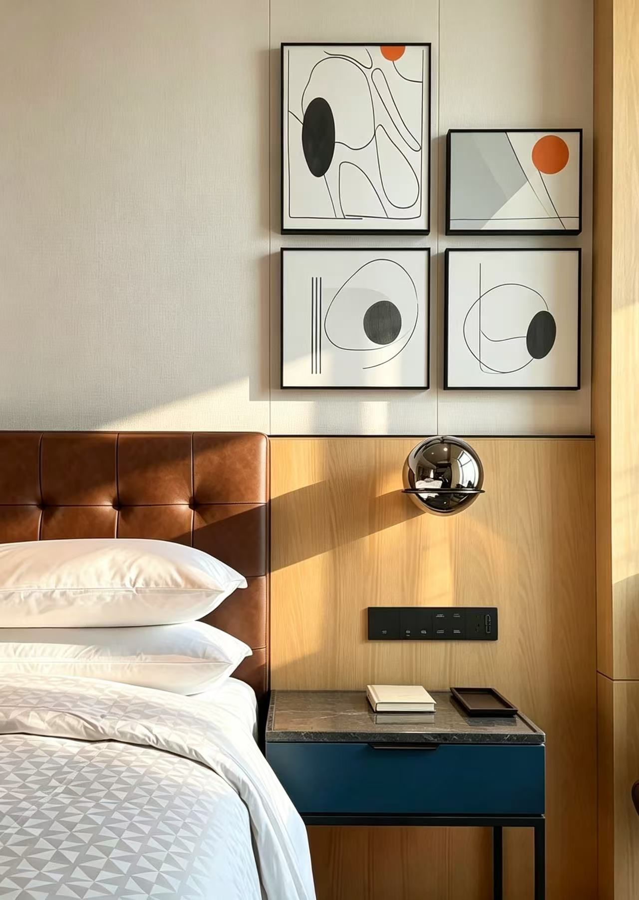 A hotel room with a bed, a bedside table, a mirror, and abstract artwork on the wall.