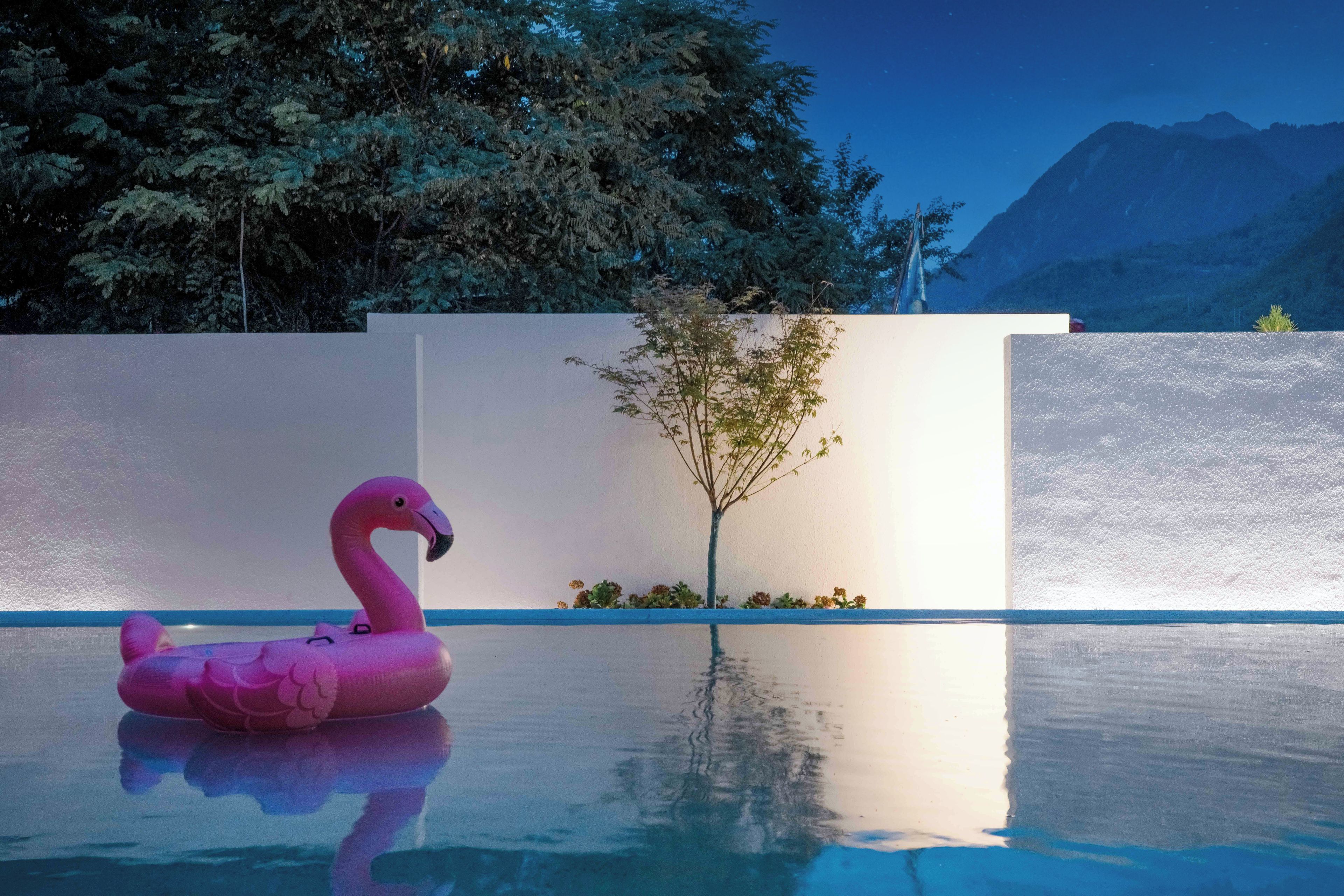 A swimming pool with a pink flamingo float.