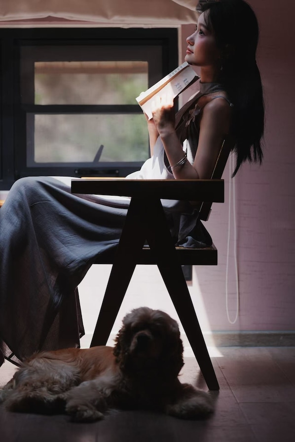 A person sitting on a chair with a dog lying on the floor in front of a window.