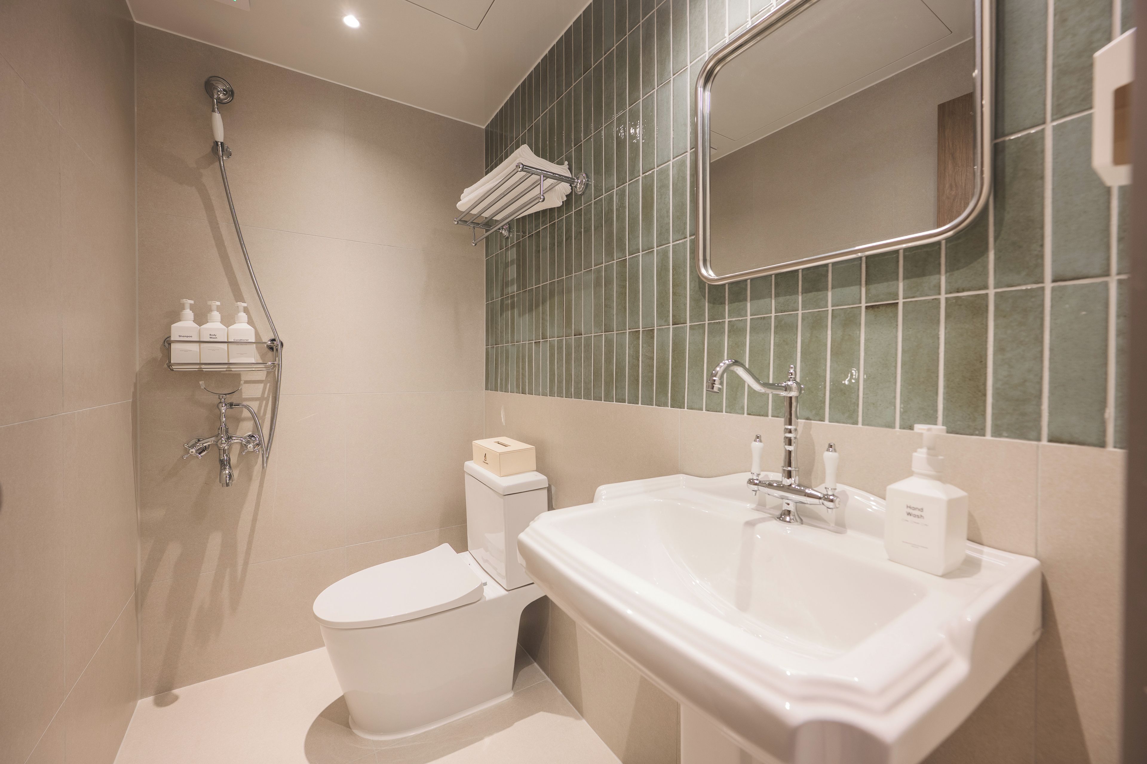 Un baño con ducha, inodoro, lavabo y espejo.