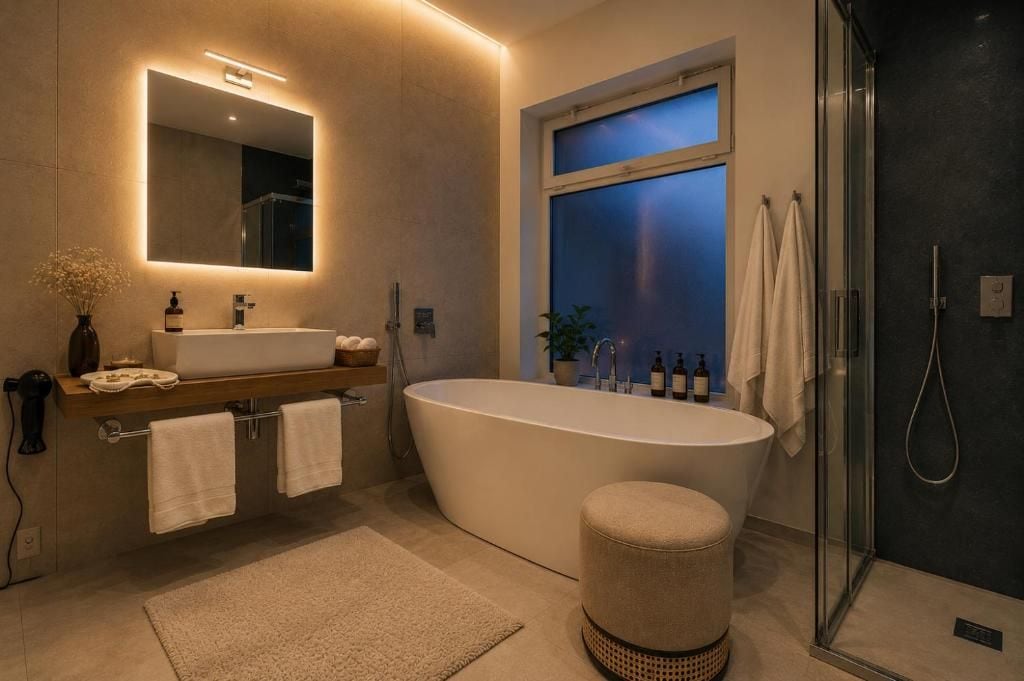 Un baño moderno con una bañera independiente, un espejo grande, un tocador con lavabo y una zona de ducha.