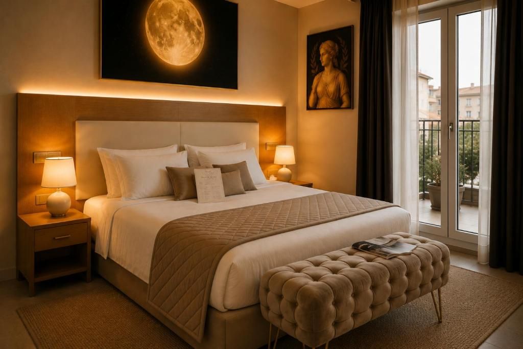 A hotel room with a large bed, two bedside lamps, a moon painting, a statue, and a balcony with curtains.