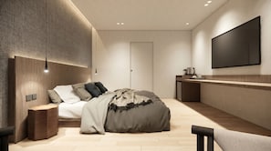 Ein modernes Schlafzimmer mit einem Bett, einem Nachttisch und einem großen Flachbildfernseher an der Wand.