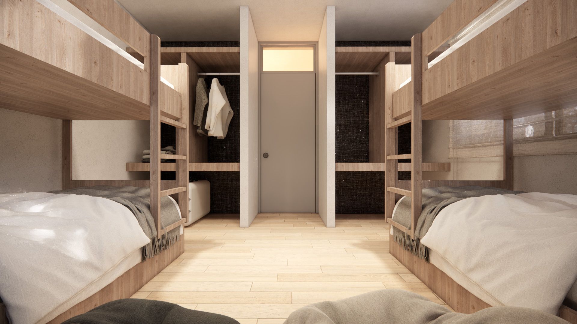 A bunk bed room with a central door, wooden walls, and a tiled floor.