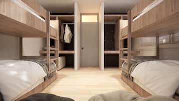 A bunk bed room with a central door, wooden walls, and a tiled floor.