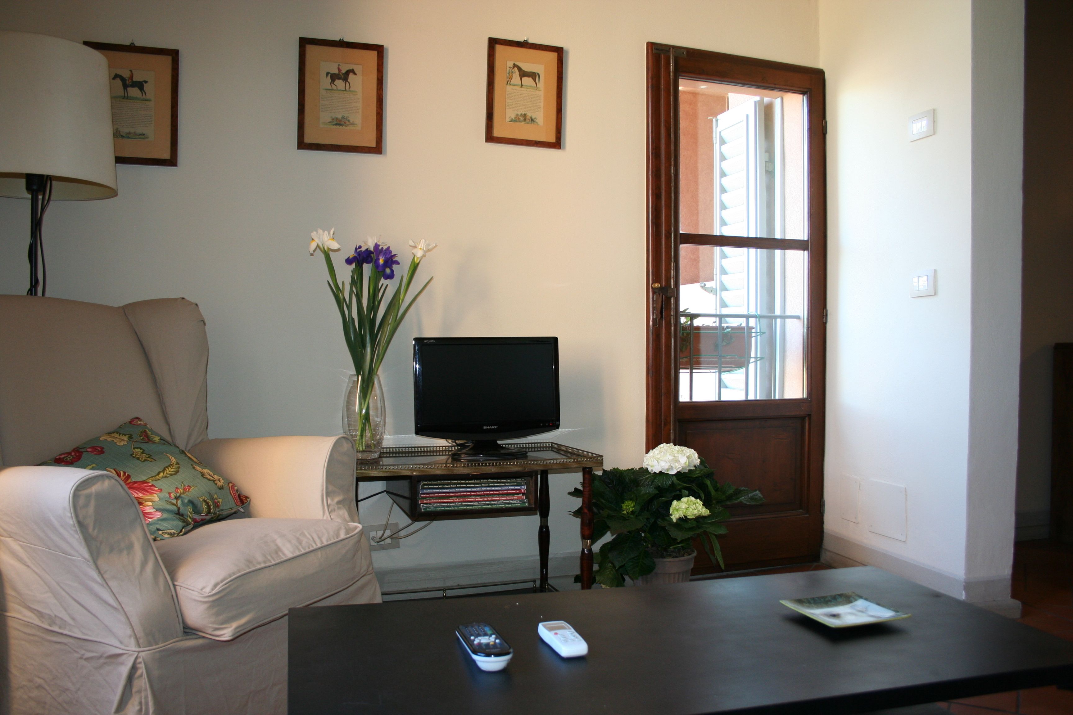 Un salon comprenant un canapé, un téléviseur, une table basse et une porte avec une fenêtre.