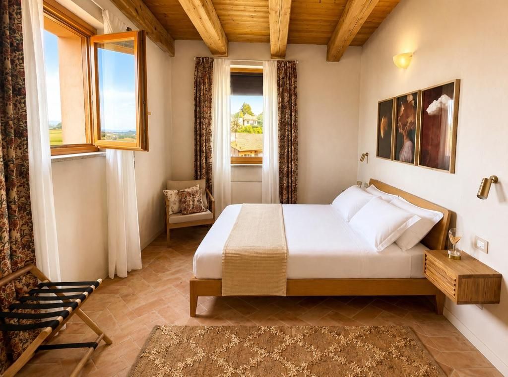 Ein Schlafzimmer mit einem Bett, einem Nachttisch, einem Sessel, einem Fenster und Blick ins Freie.