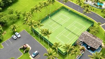 An aerial view of a tennis court surrounded by palm trees, with a parking area and a building with a thatched roof.
