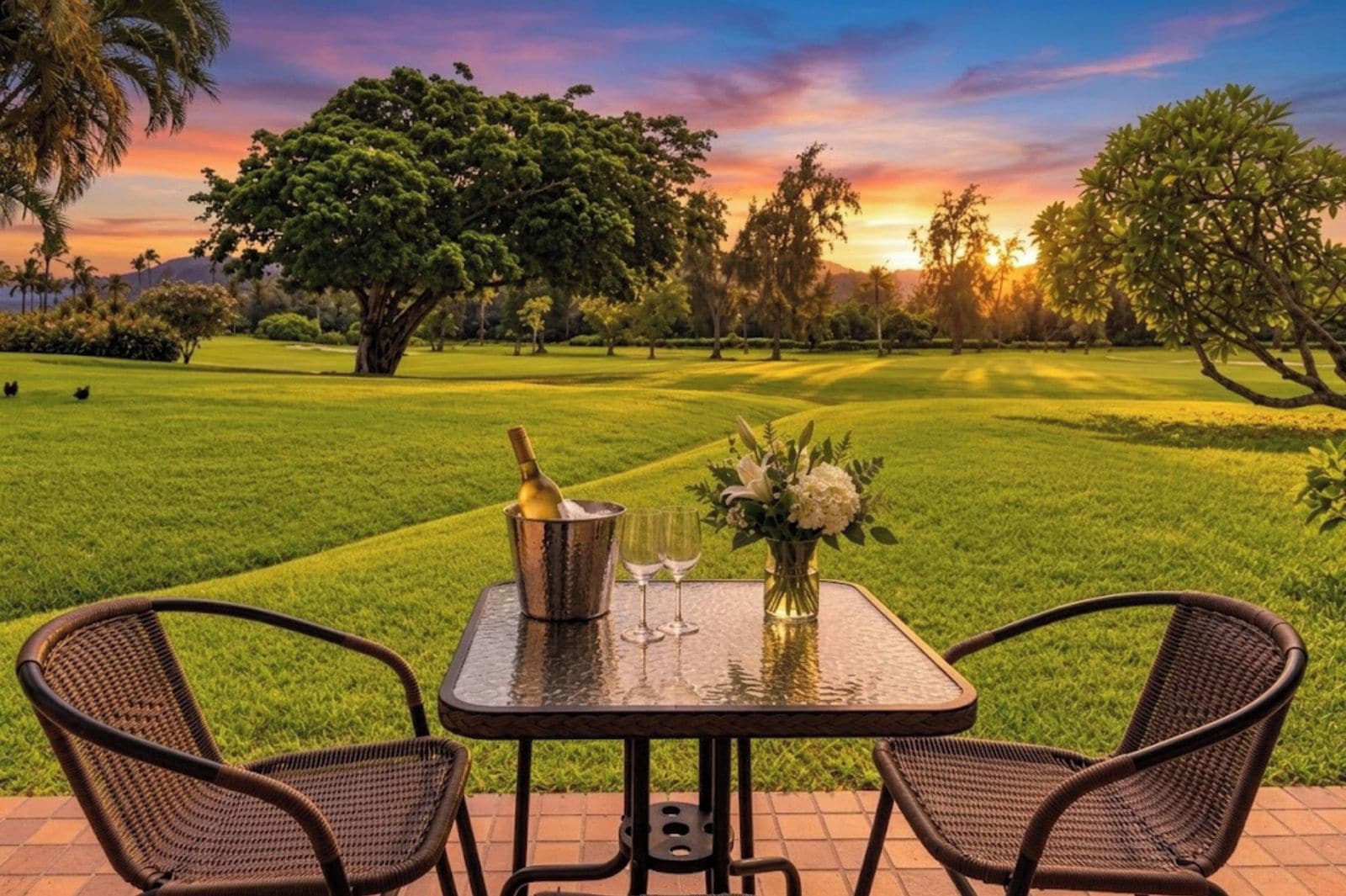 Een terras met een tafel, twee stoelen, een fles champagne en een bloevas.