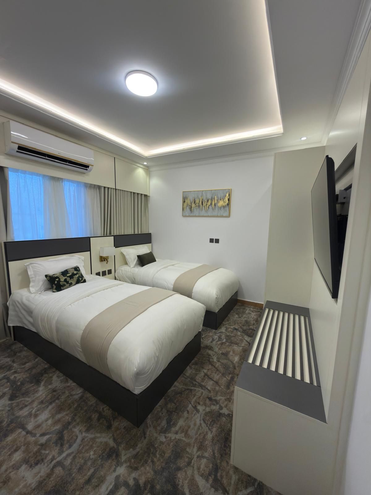 Habitación de hotel con dos camas, un televisor de pantalla plana, un aire acondicionado y un cuadro en la pared.