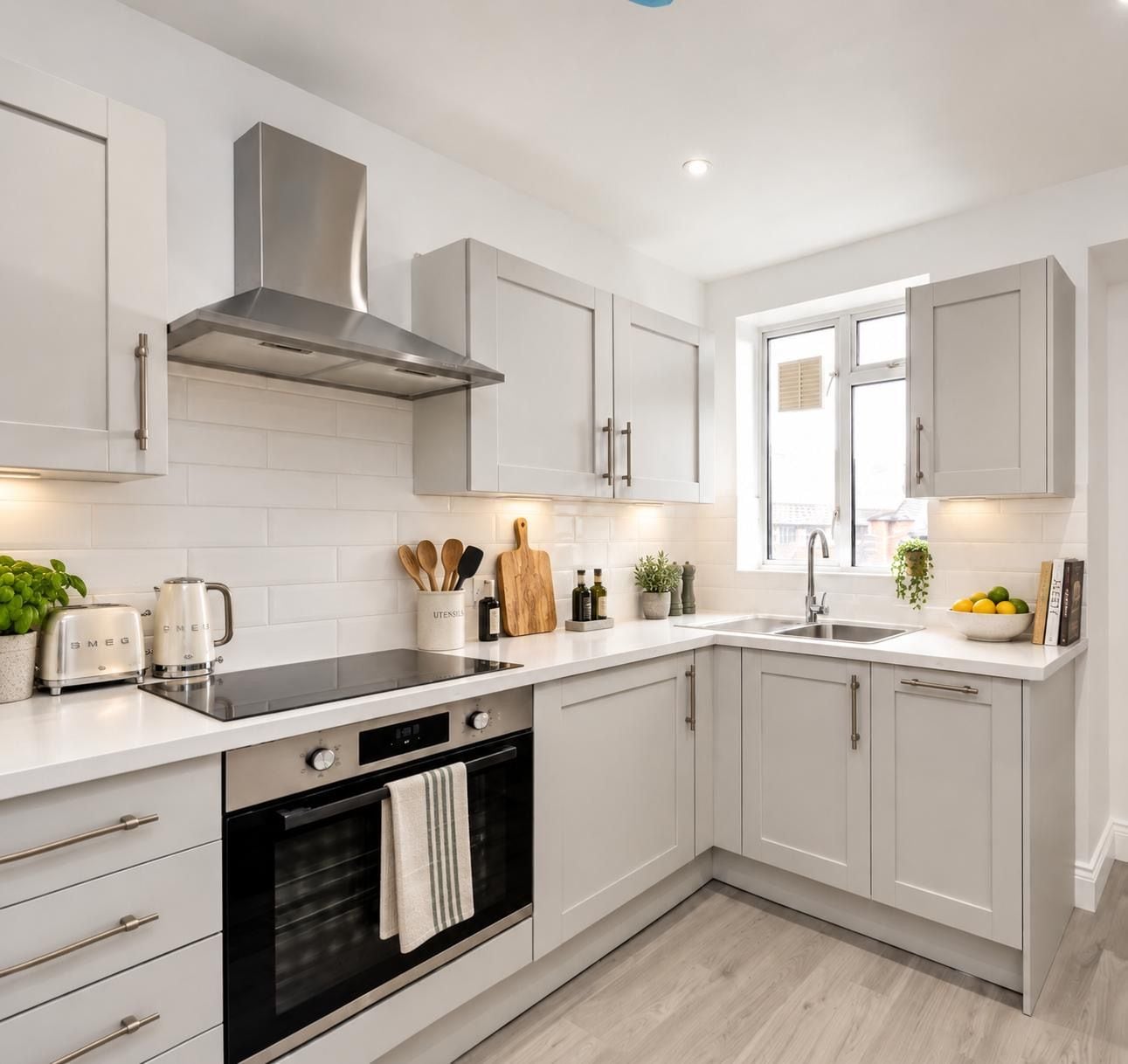 A modern kitchen with white cabinetry, a stainless steel range hood, a black oven, and a window providing natural light.