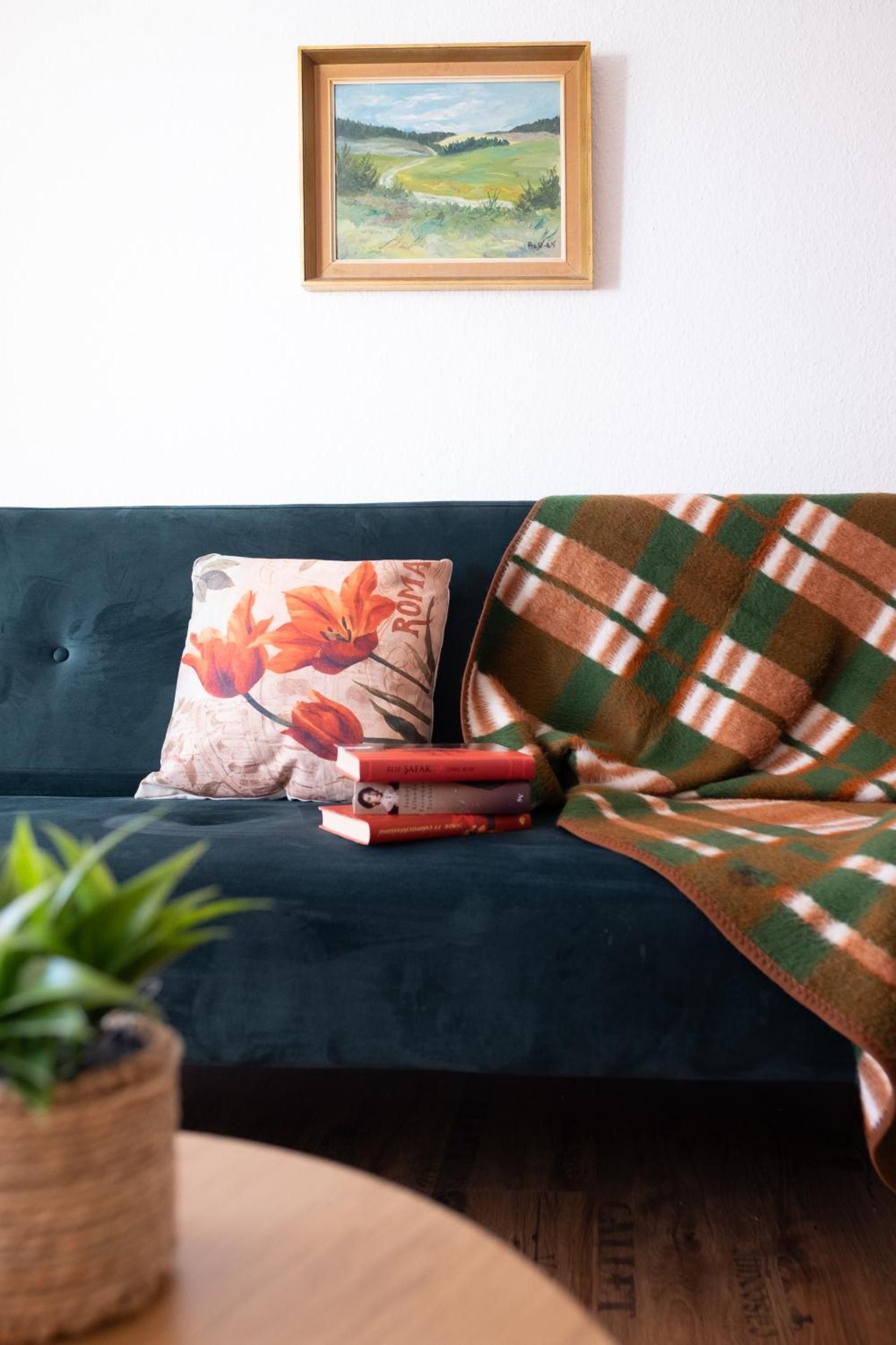 Ein dunkelblaues Sofa mit einem floralen Kissen und einer karierten Decke, ein gerahmtes Landschaftsbild an der Wand und eine Pflanze auf einem Holztisch.