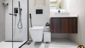 Ein modernes Badezimmer mit Duschkabine aus Glas, Toilette, kleinem Mülleimer und Holzschrank über einem Waschbecken.