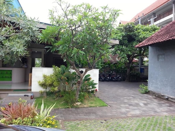 Zona residencial con camino de entrada pavimentado, un árbol y una pared blanca.