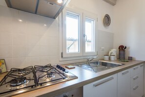 A modern kitchen with a gas stove, a sink, and a window with a view. - Apartments Florence - Mona Lisa Charme (Firenze)