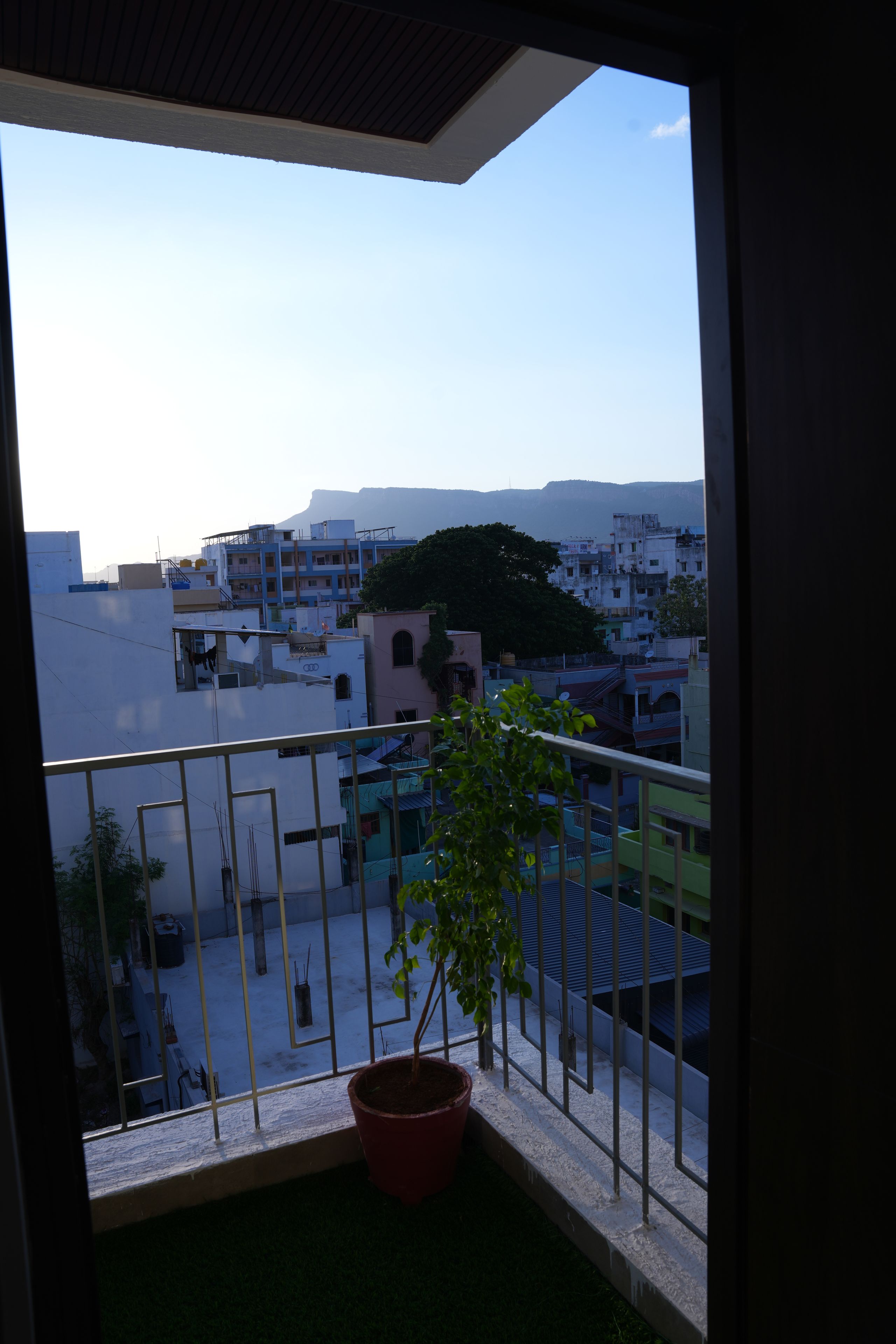 A balcony with a potted plant, a view of a cityscape with buildings, and a clear sky.