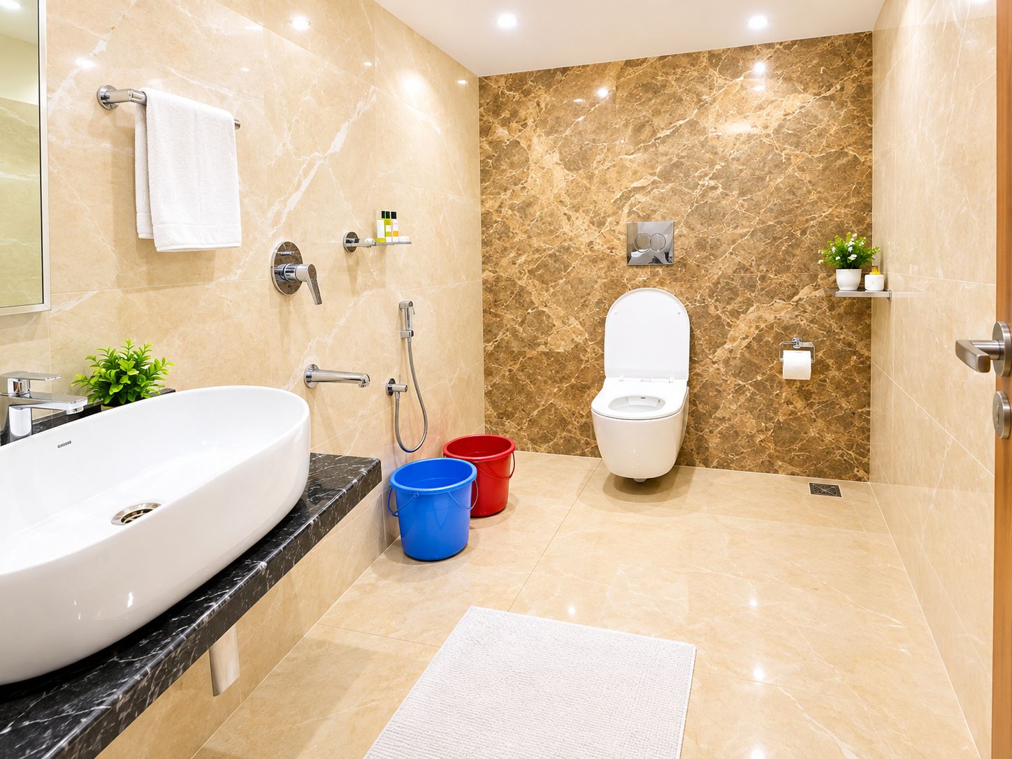 A modern bathroom with a large white sink, a toilet, and a shower area.