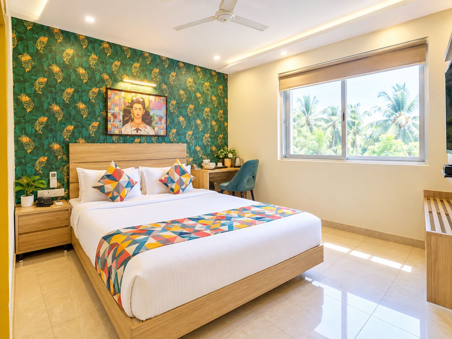 A modern bedroom with a large bed, a desk, and a window with a view of palm trees.