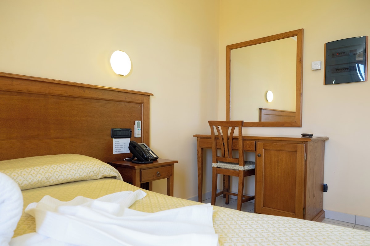 A hotel room with a bed, a desk, a chair, a telephone, a mirror, and a wall-mounted electrical panel.