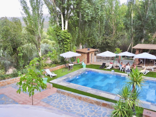 A swimming pool with lounge chairs and umbrellas, surrounded by greenery and a stone wall.