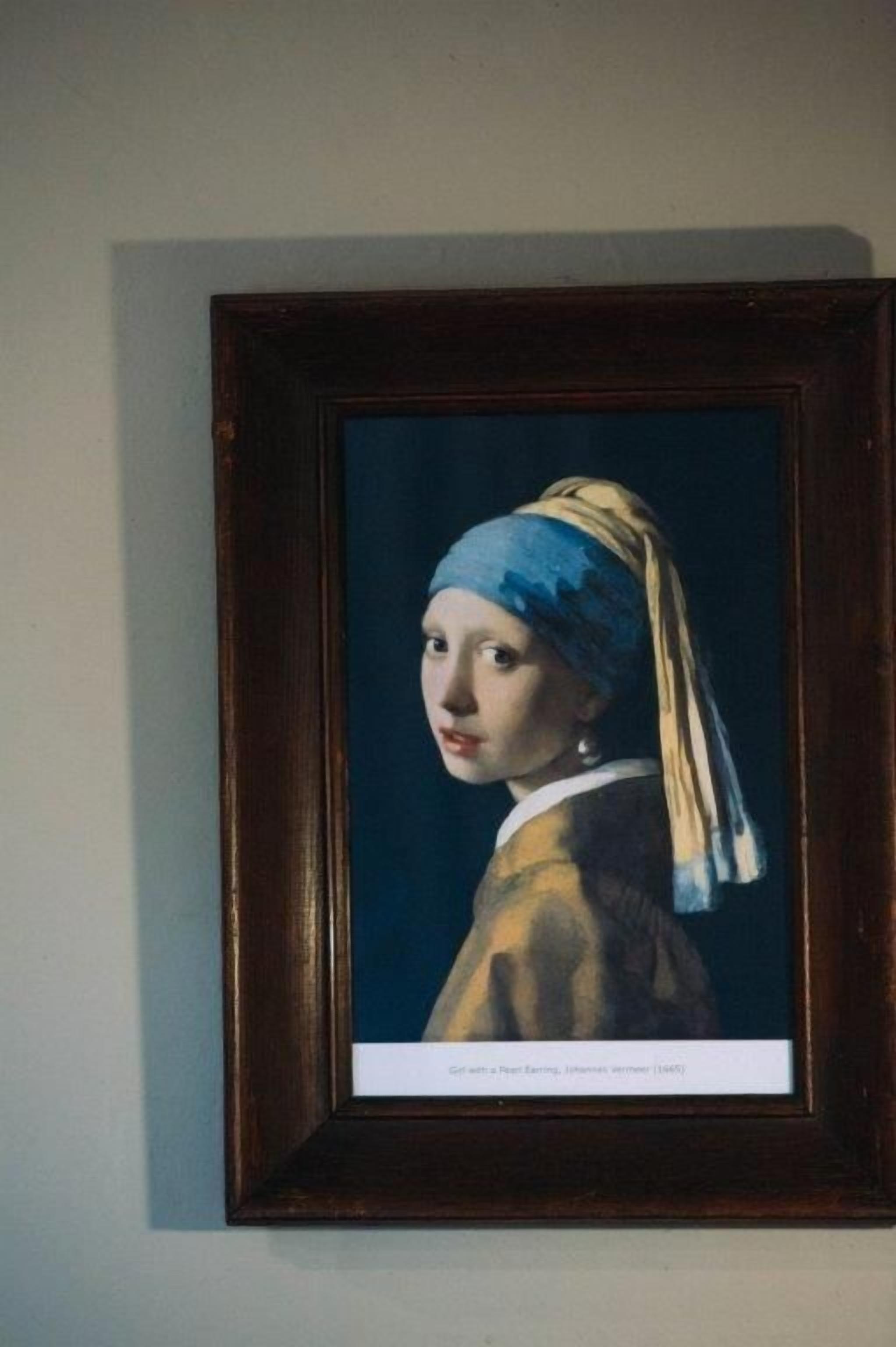 A framed artwork with a dark wooden frame, hanging on a plain wall.