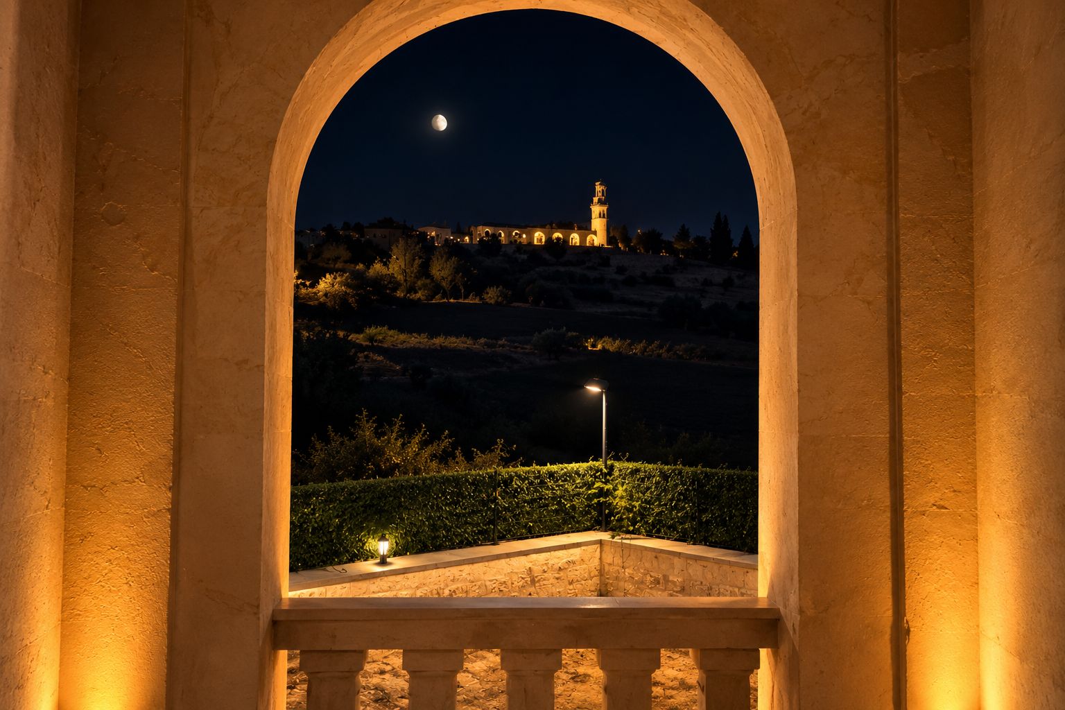 Une structure en arc offrant une vue sur un bâtiment situé au sommet d’une colline et sur la lune dans le ciel nocturne.