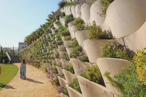 A pathway lined with tiered planters containing various plants and flowers. - Cozy and spacious flat in the heart of Russafa (València)