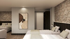 Ein modernes Schlafzimmer mit einem großen Bett, einem Wandbild und einer Ziegelwand als Blickfang.